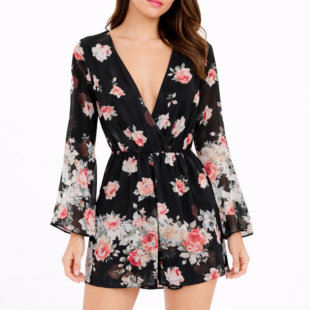 Choies Black Floral Long Bell Sleeve V-Neck Romper – Size Small